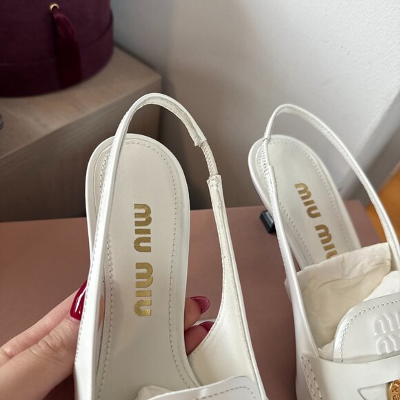 NWT Miu Miu Sling Back Mules White Leather Pointed Toe Kitten Heels Sz 36 - Picture 8 of 11